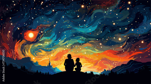 Abstract parents and children stargazing together symbolizing shared wonder.simple Vector Illustration art simple minimalist illustration creative