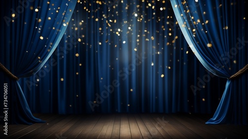 Spotlight on blue curtain background and falling golden confetti