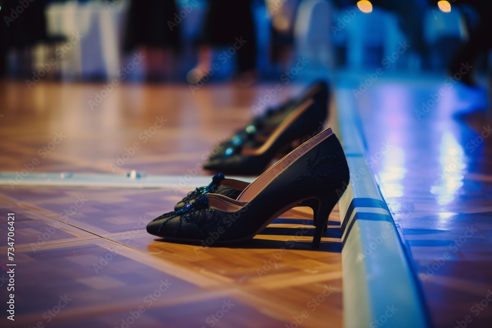 Fototapeta premium a row of ballroom shoes placed at the edge of the dance floor
