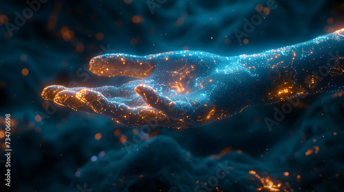 Hand with Sparkling Light, Symbolizing Digital Innovation and Abstract Creativity in Cyberspace. Futuristic Technology ,Future Energy, and Creative Power in Modern Age Concept.
