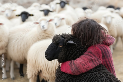 person hugging black sheep, ignored by white herd