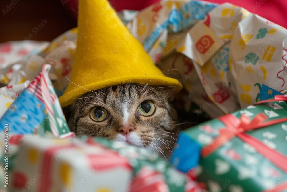 cat with a yellow hat peeking out of a pile of gift wrap