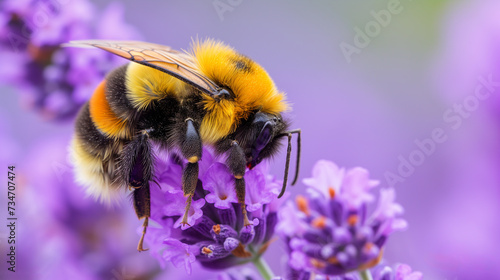 Closeup of a bee pollinating a purple flower inside a bee friendly garden. Macro closeup of natures eusocial flying insect. Scientific name is Apis. © Jammy Jean