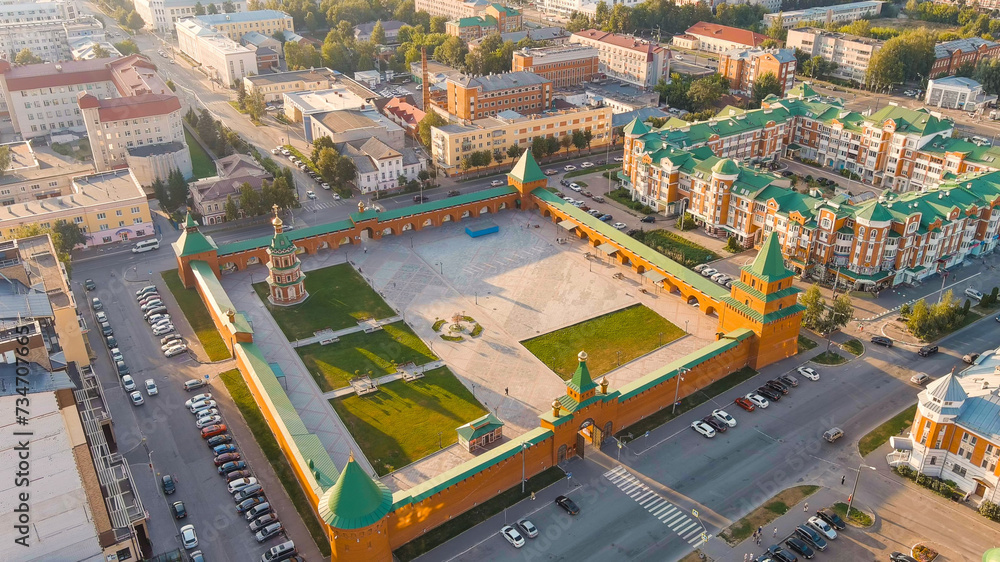 Yoshkar-Ola, Russia. Tsarevokokshay Kremlin. City Center During Sunset, Aerial View