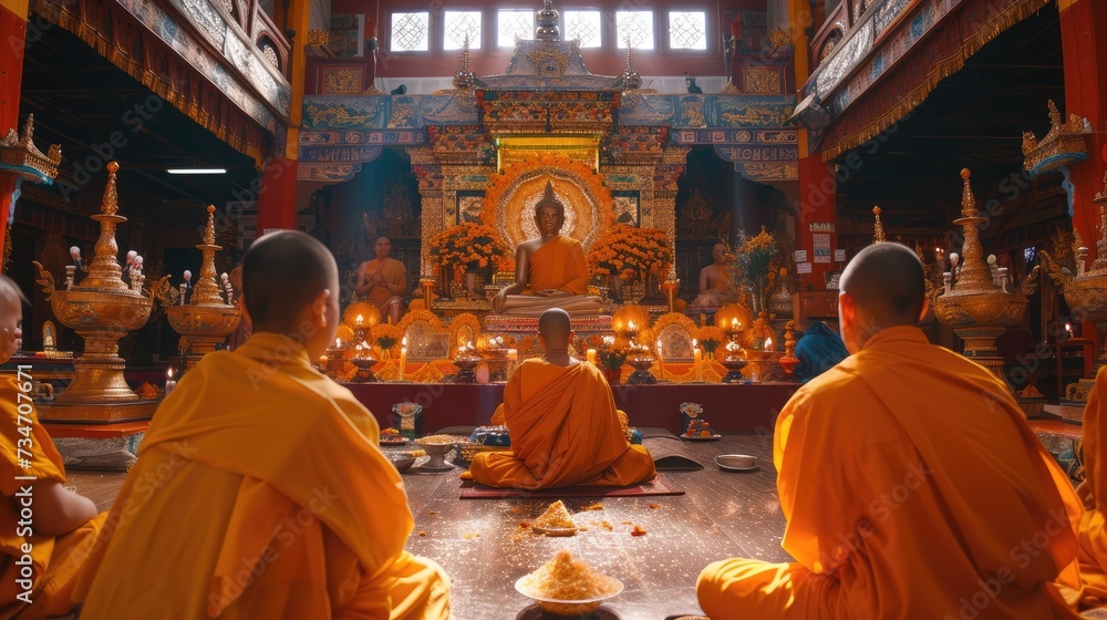 A Buddhist puja, a worship ritual .  It is a devotional practice where Buddhists express their gratitude to the Buddha and reverence for his teachings. - obrazy, fototapety, plakaty 