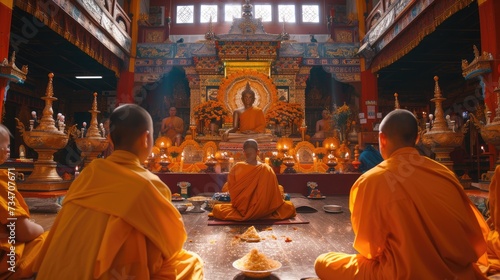 A Buddhist puja, a worship ritual .  It is a devotional practice where Buddhists express their gratitude to the Buddha and reverence for his teachings. photo