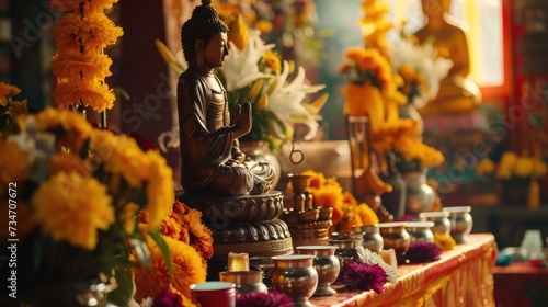 A Buddhist puja, a worship ritual .  It is a devotional practice where Buddhists express their gratitude to the Buddha and reverence for his teachings. © mariof