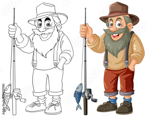 Cartoon fisherman showing off his fishing rod and catch.