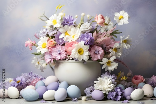 A pastel Easter arrangement featuring a mix of spring flowers and colored eggs against a light pastel backdrop
