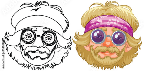 Two versions of a man, line art and colored.