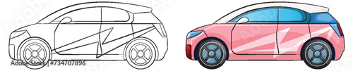 Vector illustration of a car, from outline to colored design.