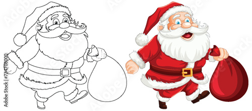 Black and white and colored Santa illustrations.