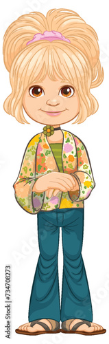 Cartoon illustration of a smiling young girl.