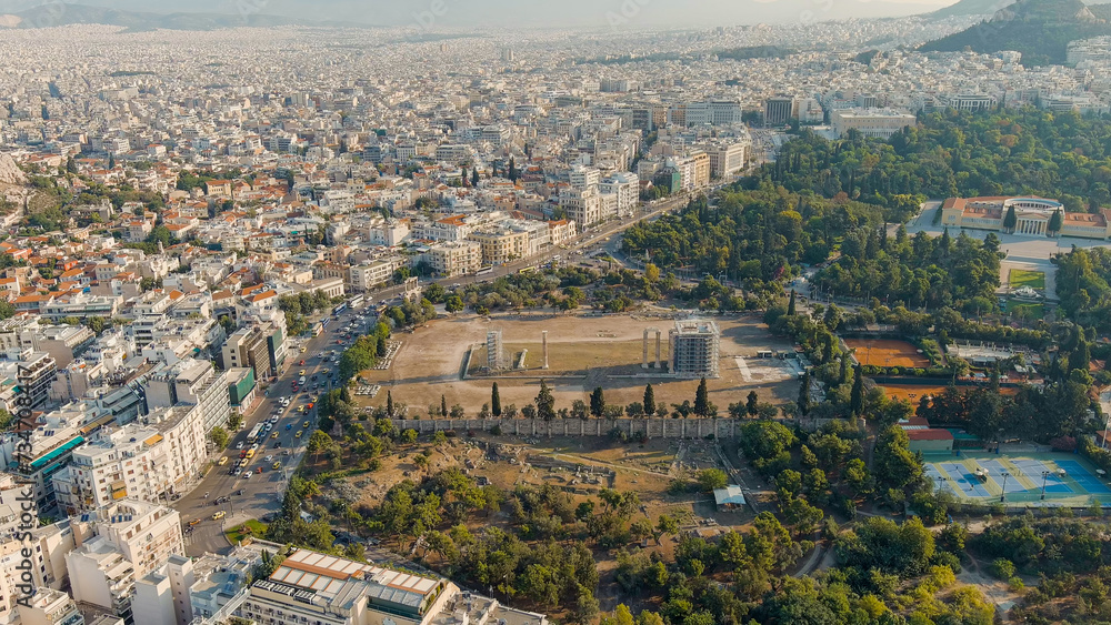 Athens, Greece. Olympeion, Temple of Olympian Zeus - the largest temple of Ancient Greece, built from the 6th century BC. e. until the 2nd century A.D. e. Summer, Aerial View