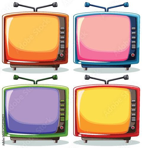 Four vibrant vintage TVs with antenna and dials
