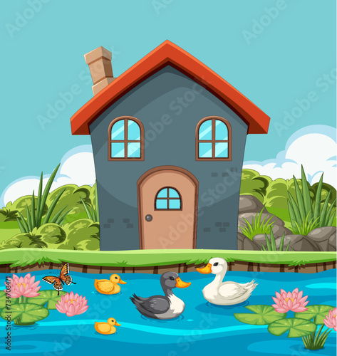 Charming house by the water with ducks and flowers