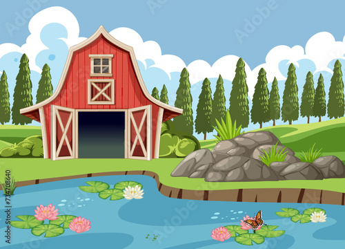 Vector illustration of a serene farm landscape