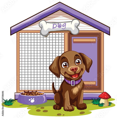 A cheerful brown puppy sitting by its kennel.