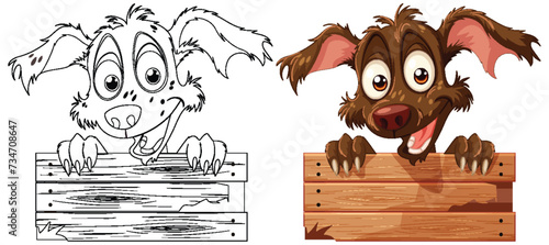Two cartoon dogs smiling over a wooden barrier