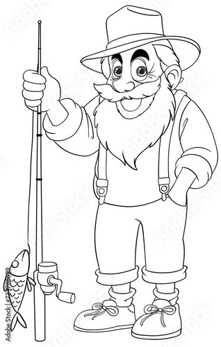 Smiling cartoon fisherman holding a fishing rod and fish.