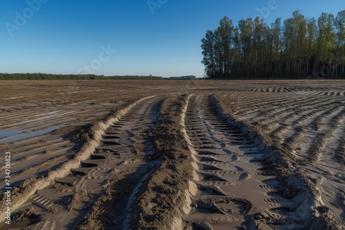 excavators tracks imprinted in mud with distant trees