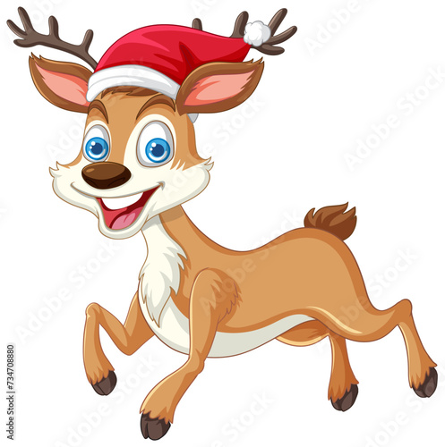 Cartoon reindeer wearing a Santa hat, looking joyful.