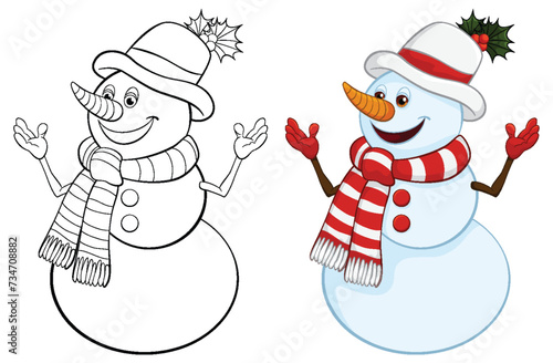 Two snowmen with hats and scarves, one colored.