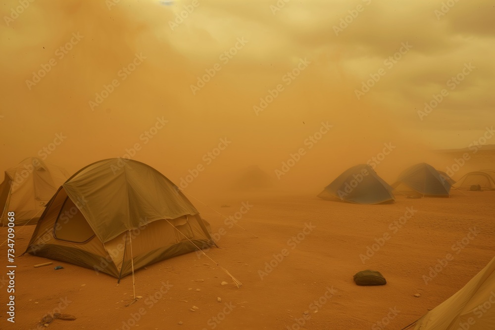 tents in a desert campsite being battered by a sandstorm