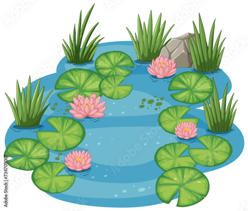 Vector art of a tranquil pond with lily pads