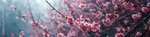 A dewy morning scene with cherry blossoms in soft focus, creating a dreamlike ambiance in the garden photo