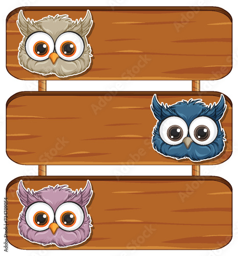 Three cartoon owls perched on blank wooden signs.