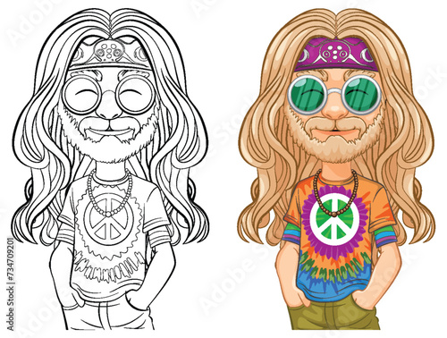 Colorful and line art hippie character drawings.