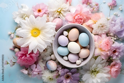 A pastel Easter arrangement featuring a mix of spring flowers and colored eggs against a light pastel backdrop