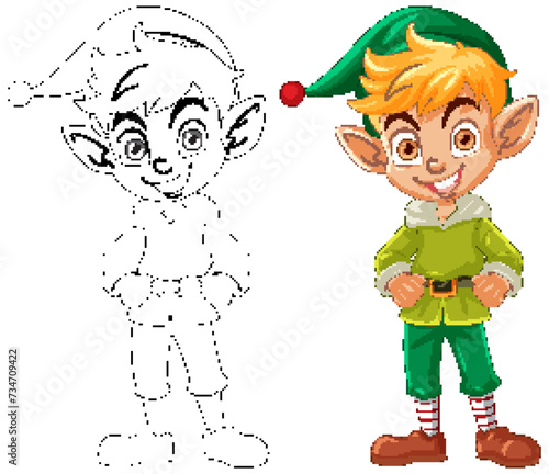 Line art and colored illustration of a Christmas elf.