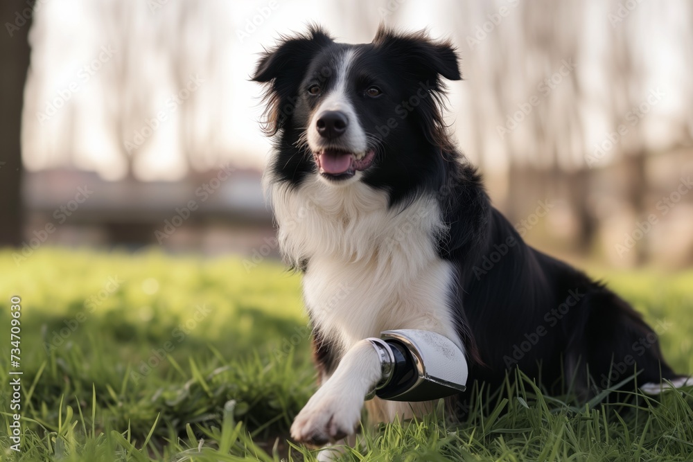 border collie with prosthetic front paw sitting in grass