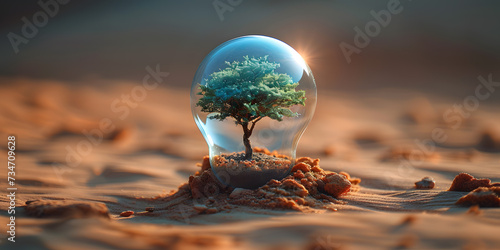a tree seedling in an oxygen cylinder, desert background