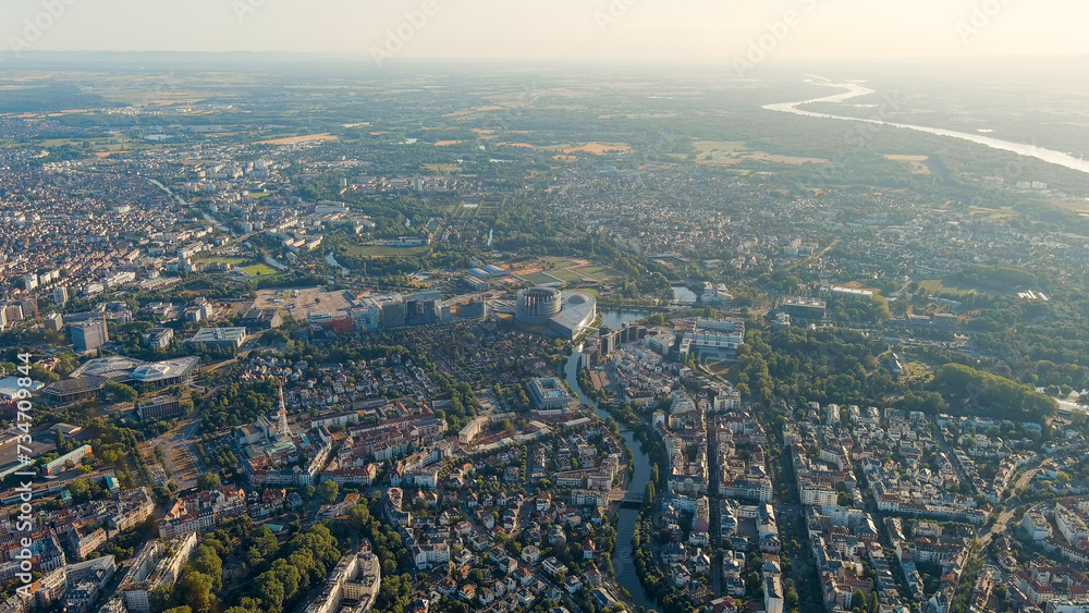Strasbourg, France. Panoramic view of administrative buildings. Houses of Parliament. Summer morning, Aerial View