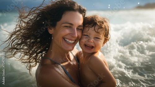 Young Mother Embraces Genuine Joy Holding Her Child in the Sea © Maximilien