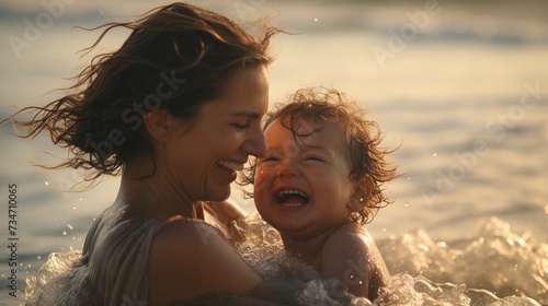 Young Mother Embraces Genuine Joy Holding Her Child in the Sea © Maximilien