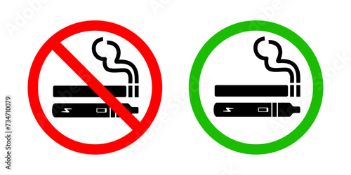 No smoking no vaping and smoking area sign set. Forbidden sign icon isolated on white background vector illustration. Cigarette, vape in prohibition circle and green allowed area.