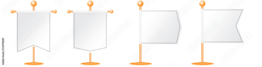 Blank white long mock up pennants flags banners hanging on pole stand support realistic set vector illustration Blank white long mock up pennants flags banners hanging on pole stand support realistic set vector illustration