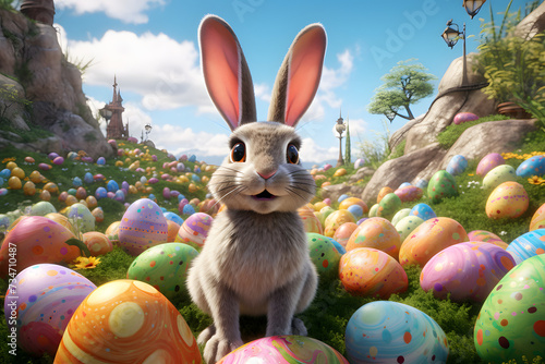 A rabbit surrounded by colorful Easter eggs and spring flowers