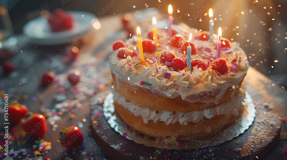 Celebration birthday cake with colorful sprinkles and twenty one colorful birthday candles Celebration birthday cake with colorful sprinkles and twenty one colorful birthday candles