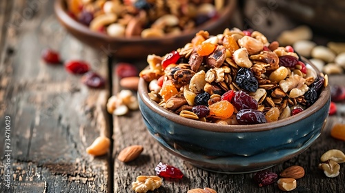 Bowl with a mixture of dried fruit and nuts on an old kitchen table photo