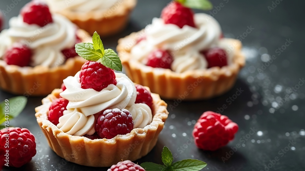 Delicious raspberry mini tarts with whipped cream on dark background