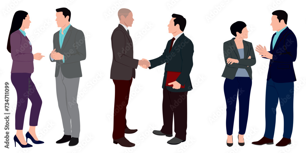 Group of business people handshake agreement communicating concept businessmen women team leader meeting male female cartoon character isolated in white background. 