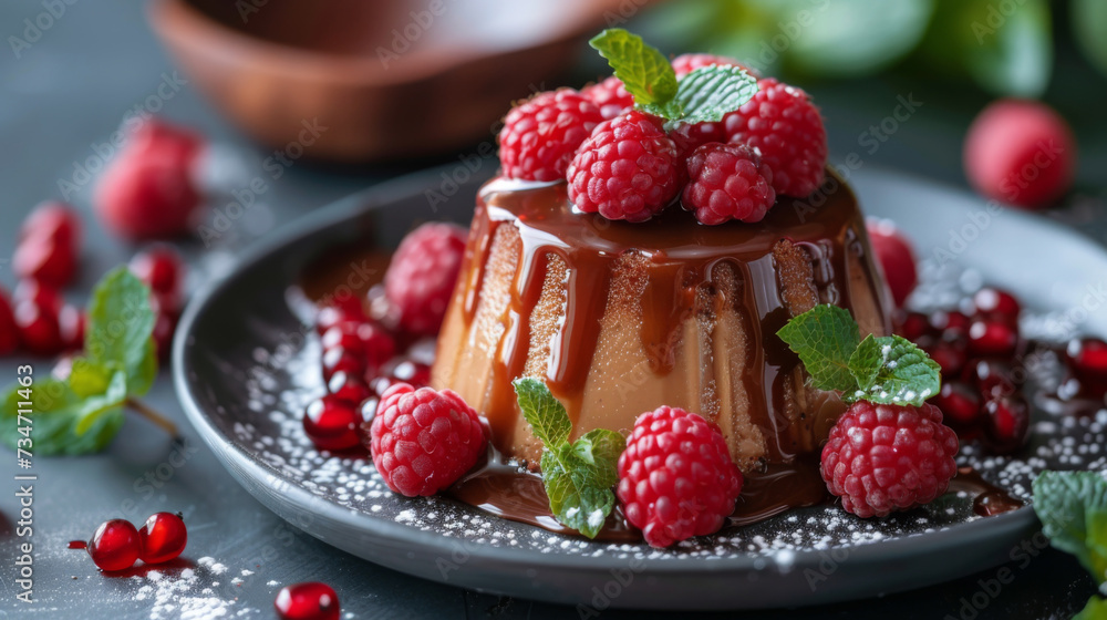Elegant chocolate panna cotta dessert topped with fresh raspberries and mint leaves, garnished with powdered sugar. Elegant chocolate panna cotta dessert topped with fresh raspberries and mint leaves, garnished with powdered sugar.