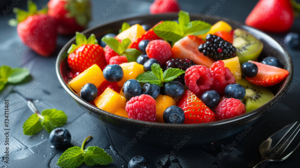 A vibrant bowl of mixed fruit salad, featuring strawberries, blueberries, raspberries, blackberries, kiwi, and mango, garnished with fresh mint leaves. A vibrant bowl of mixed fruit salad, featuring strawberries, blueberries, raspberries, blackberries, kiwi, and mango, garnished with fresh mint leaves.