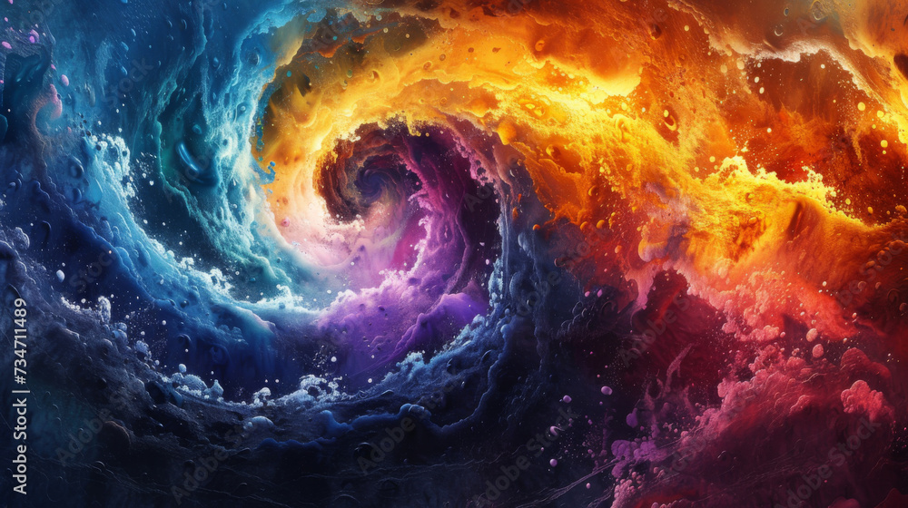 An abstract cosmic swirl representing a galaxy, with rich colors ranging from deep blue to fiery orange and purples. - obrazy, fototapety, plakaty 
