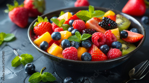 A vibrant bowl of mixed fruit salad  featuring strawberries  blueberries  raspberries  blackberries  kiwi  and mango  garnished with fresh mint leaves.